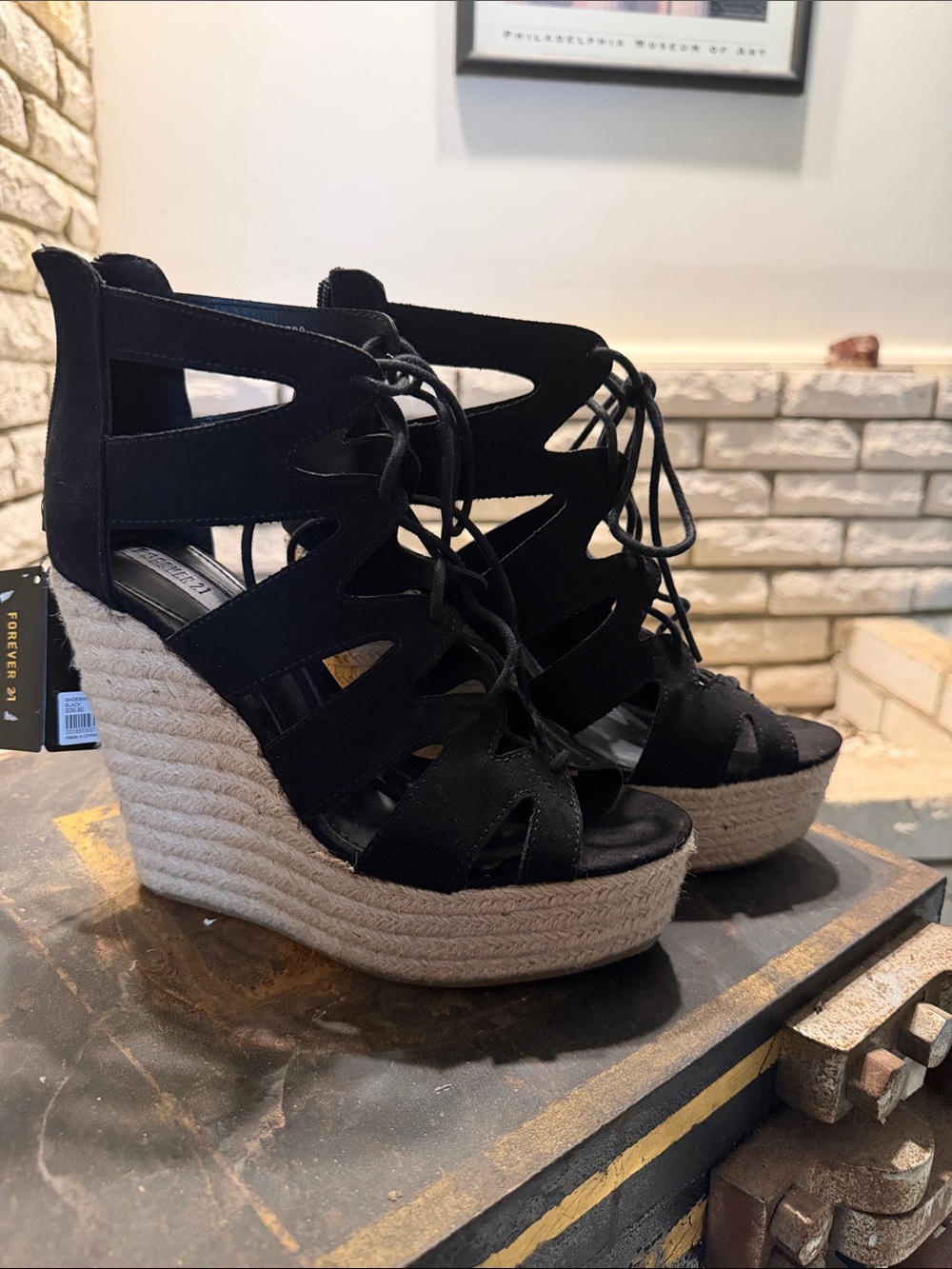 Forever 21 Black Lace-Up Espadrille Wedge Sandals